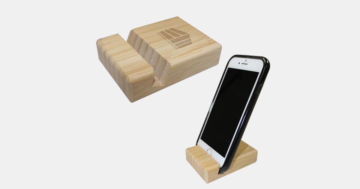 Printed Bamboo Block Phone Stand with your logo | MiniThrowBalls.com