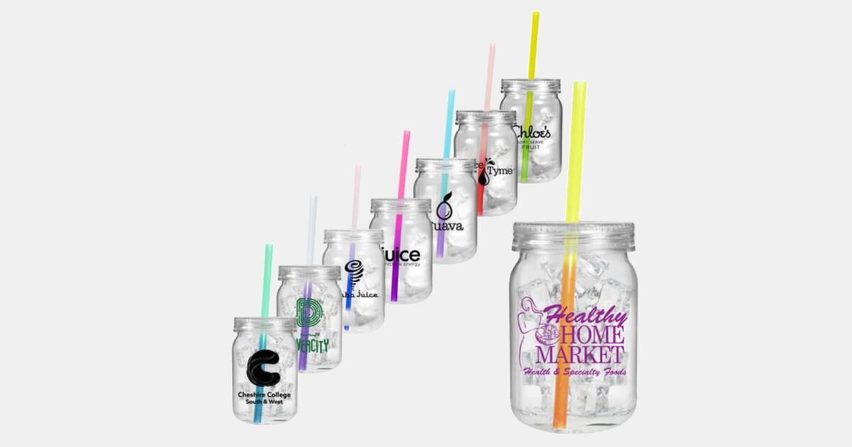 Custom Imprint Mason Jar with Color Changing Straw and Lid 24 oz | MiniThrowBalls.com