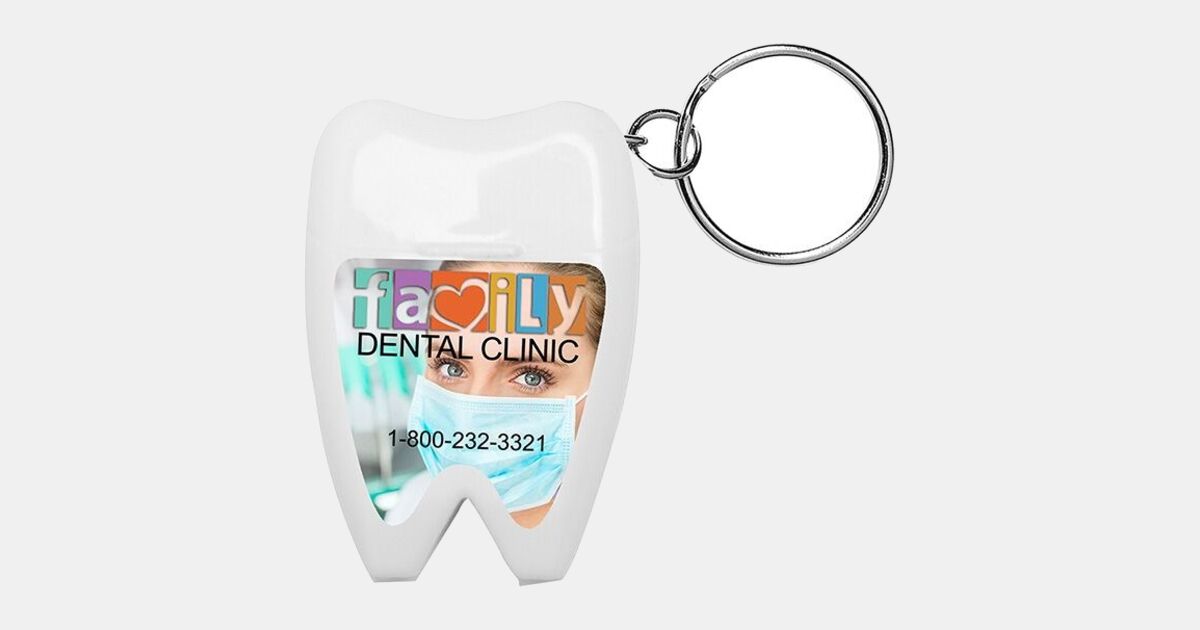 Marketing Dental Floss Keyring, Tooth Shaped Happy Teeth with your